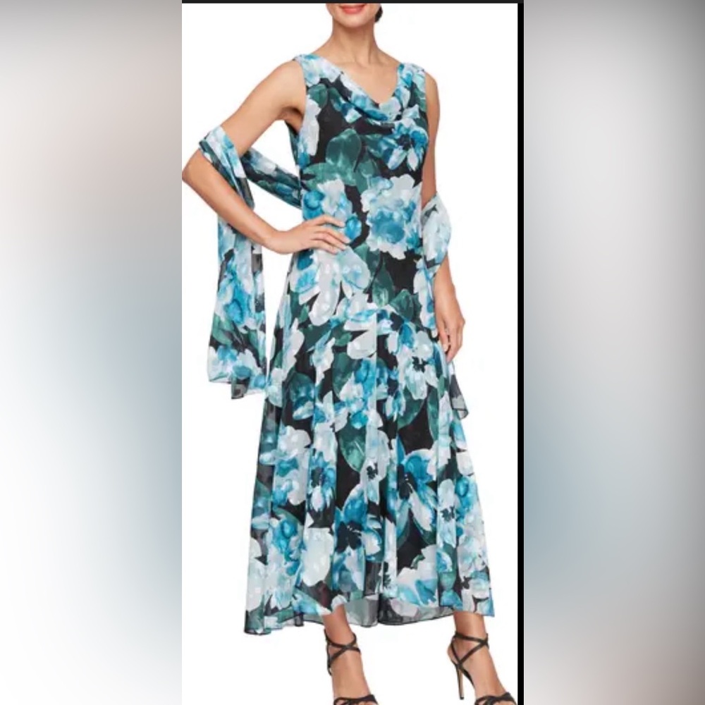 Alex Evenings Blue & Teal Floral Maxi Dress with Shawl